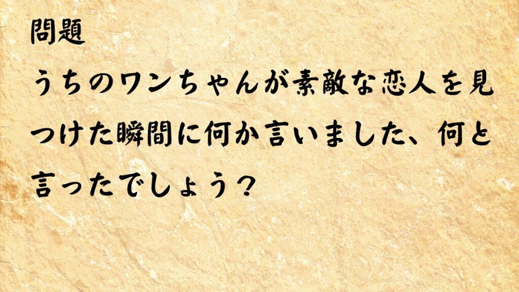 なぞなぞ頭の体操　うちのワンちゃんが素敵な恋人を見つけた瞬間に何か言いました、何と言ったでしょう？